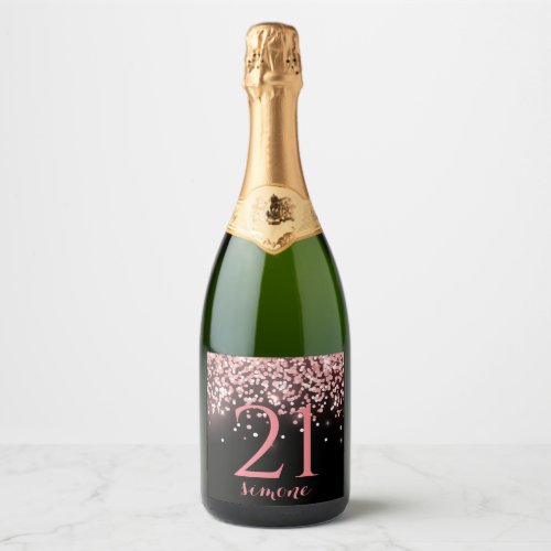 Birthday rose gold pink glitter glam 21st sparkling wine label