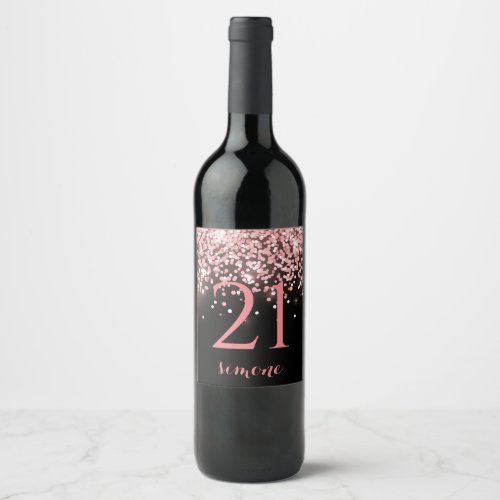 Birthday rose gold pink glitter glam 21st wine label