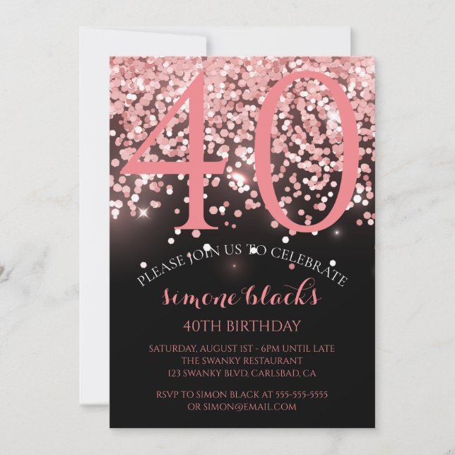 Birthday rose gold pink glitter glam 40th birthday invitation (Front)