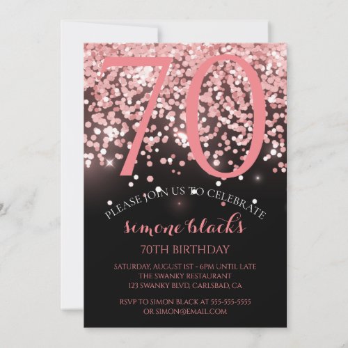 Birthday rose gold pink glitter glam 70th birthday invitation