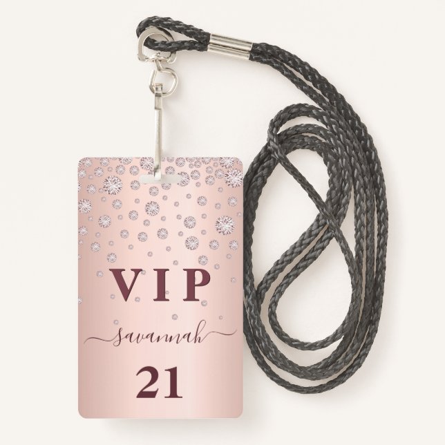 Birthday rose gold pink monogram vip luxury badge (Front with Lanyard)