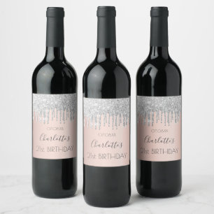 Birthday rose gold pink silver drips wine label