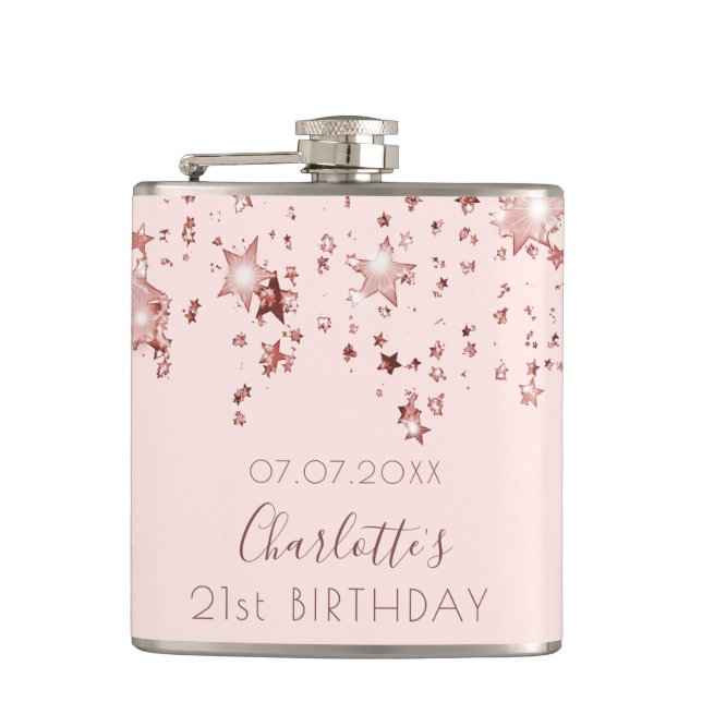 Birthday rose gold pink stars name flask (Front)