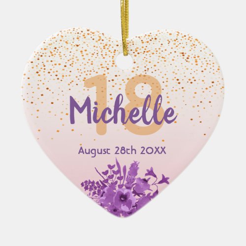 Birthday rose gold purple florals name ceramic ornament