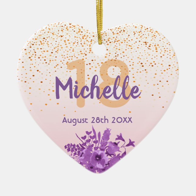 Birthday rose gold purple florals name ceramic ornament (Front)