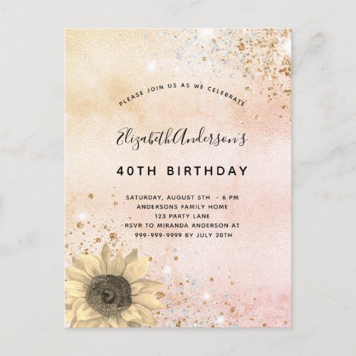 Birthday rose gold rustic sunflower glitter dust invitation postcard