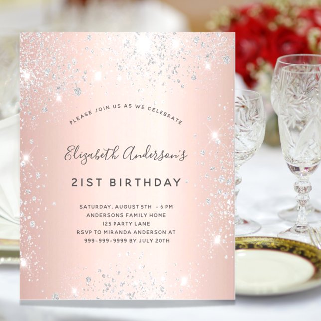 Birthday rose gold silver budget invitation (Creator Uploaded)