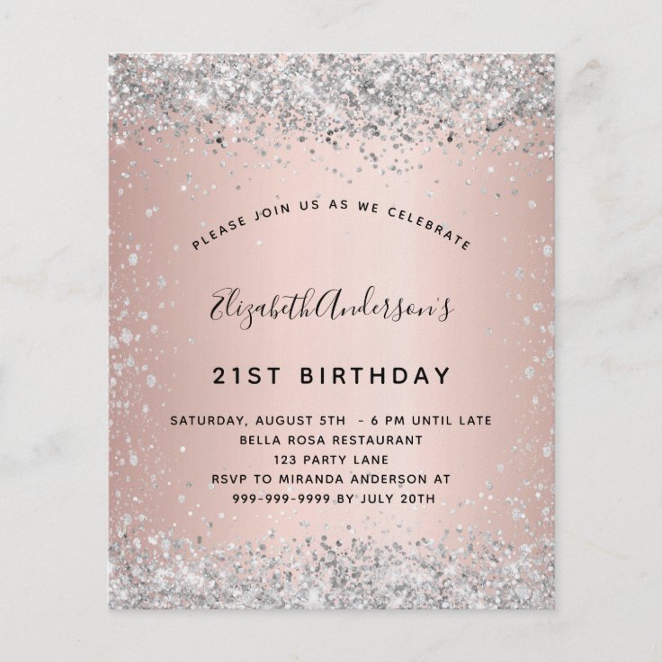 Birthday rose gold silver budget invitation flyer | Zazzle