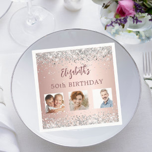 Birthday rose gold silver confetti photo napkins