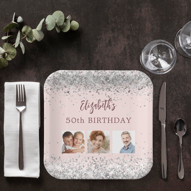 Birthday rose gold silver confetti photo paper plates (Creator Uploaded)