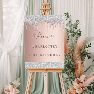 Birthday rose gold silver glitter drip welcome foam board