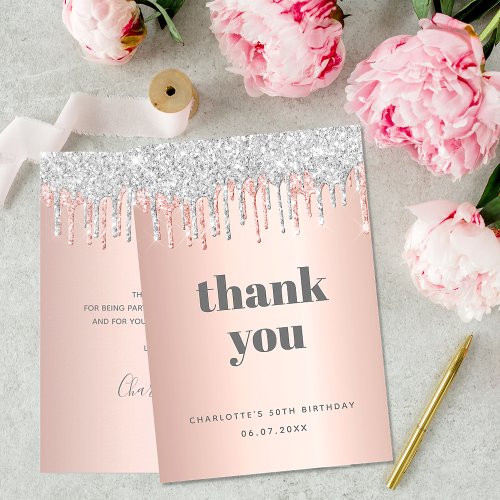 Birthday rose gold silver glitter drips luxurious thank you card