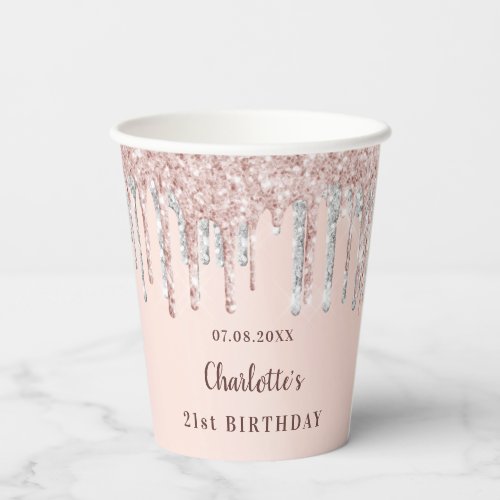 Birthday rose gold silver glitter drips name paper cups