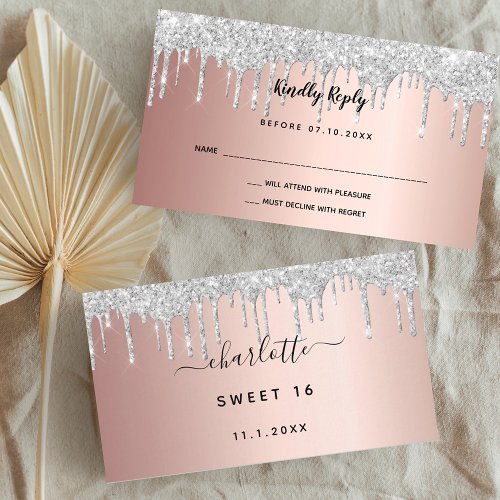 Birthday rose gold silver glitter drips party RSVP Enclosure Card