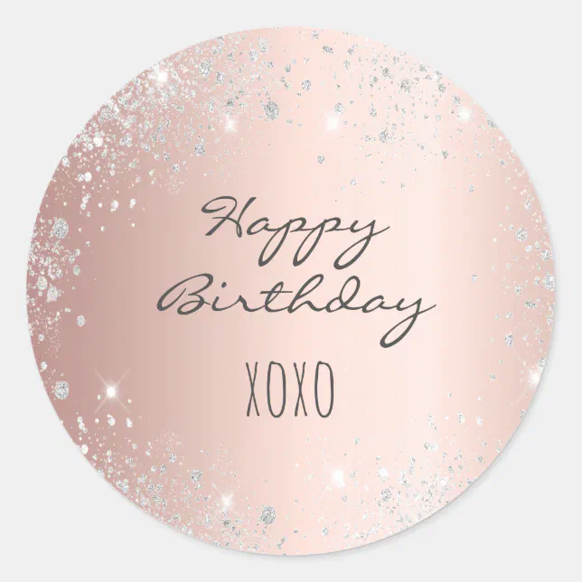 Birthday rose gold silver glitter dust kisses classic round sticker ...