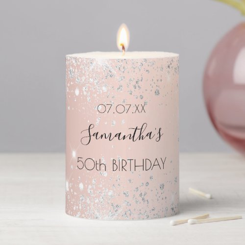 Birthday rose gold silver glitter dust metal name pillar candle