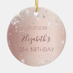 Birthday rose gold silver glitter dust name ceramic ornament