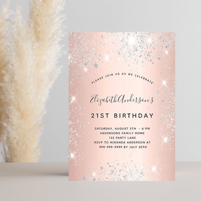Birthday rose gold silver glitter elegant invitation postcard (Creator Uploaded)
