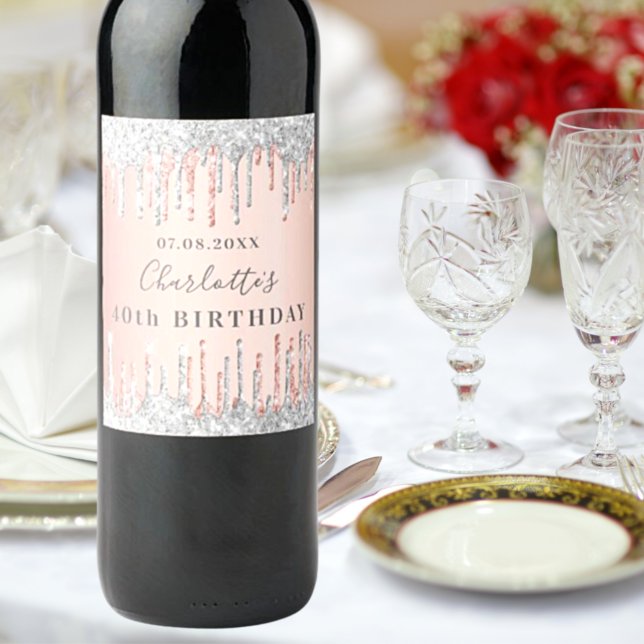 Birthday rose gold silver glitter monogram wine label (Creator Uploaded)