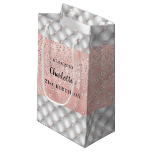 Birthday rose gold silver glitter name glamorous small gift bag