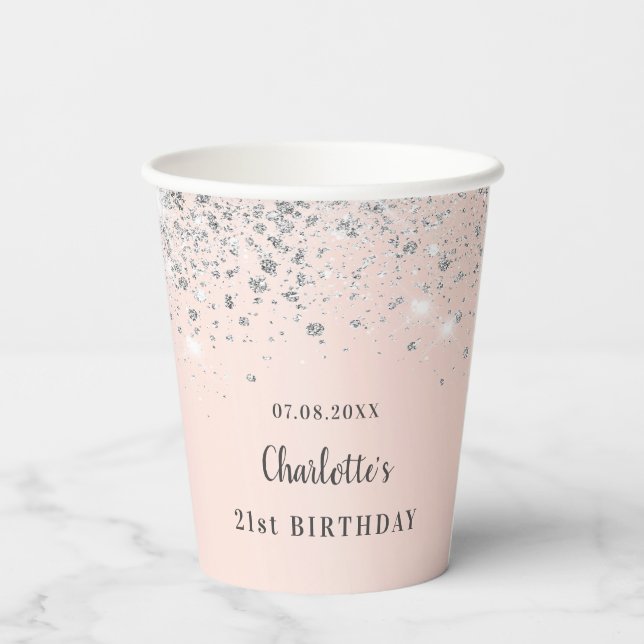 Birthday rose gold silver glitter name paper cups (Back)