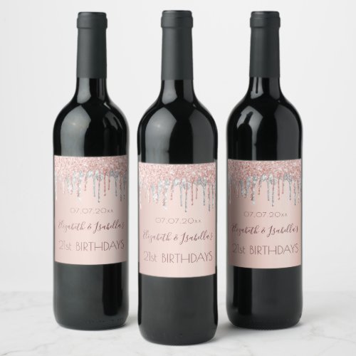 Birthday rose gold silver glitter two 2 persons wine label