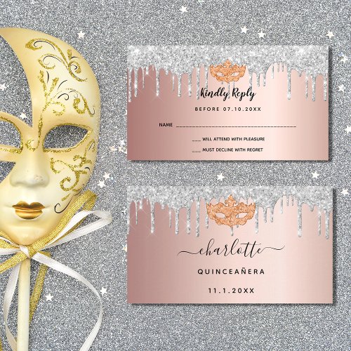 Birthday rose gold silver masquerade RSVP Enclosure Card