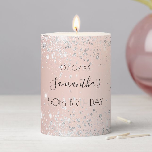 Birthday rose gold silver name pillar candle (In Situ)