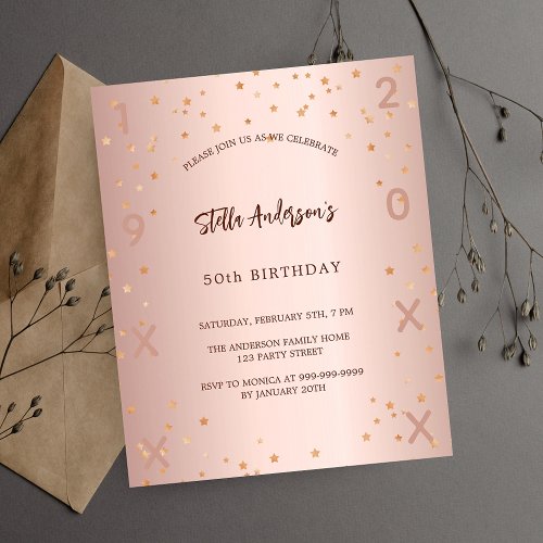 Birthday rose gold stars elegant budget invitation