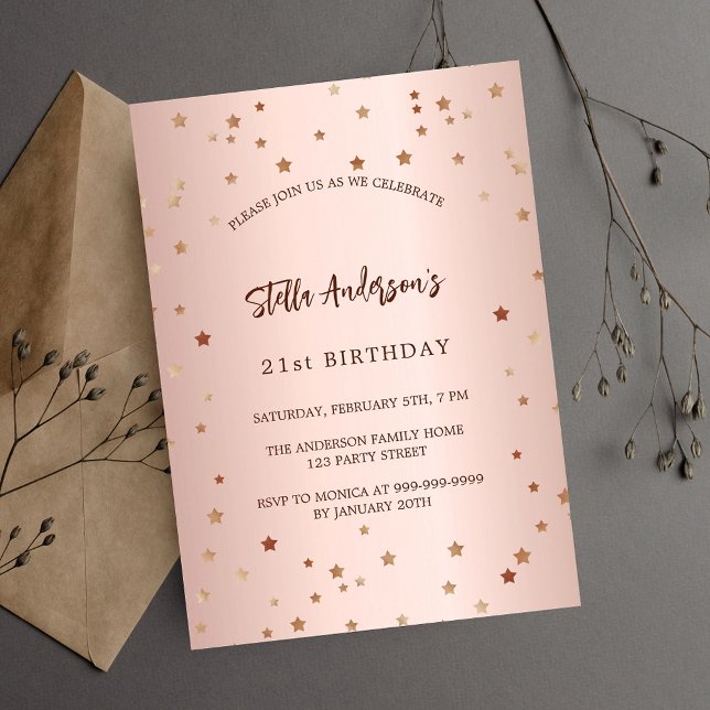 Birthday rose gold stars elegant simple party invitation postcard (Creator Uploaded)