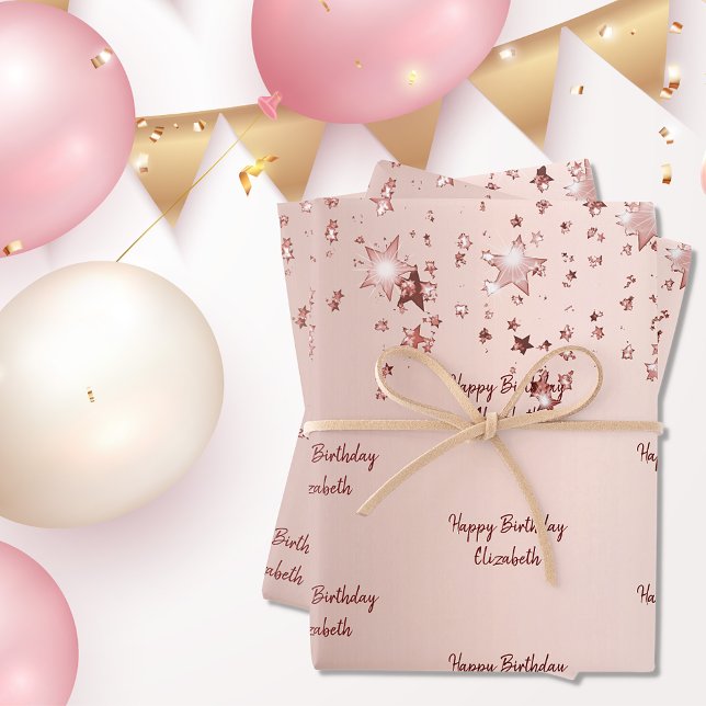 Birthday rose gold stars pink sparkle monogram wrapping paper sheets (Creator Uploaded)