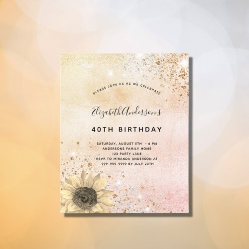 Birthday rose gold sunflower budget invitation