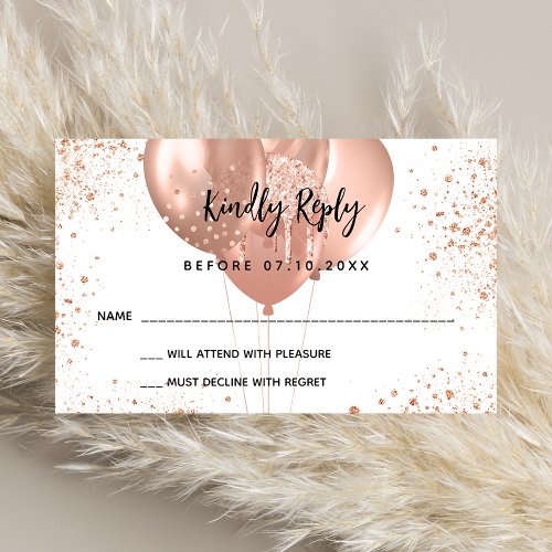 Birthday rose gold white balloons party RSVP Enclosure Card