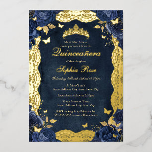 Birthday Rose Lace Butterfly Gold Navy Quinceanera Foil Invitation
