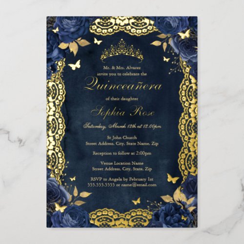 Birthday Rose Lace Butterfly Gold Navy Quinceanera Foil Invitation