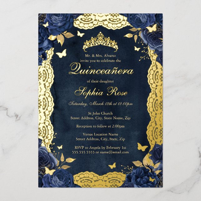 Birthday Rose Lace Butterfly Gold Navy Quinceanera Foil Invitation (Front)