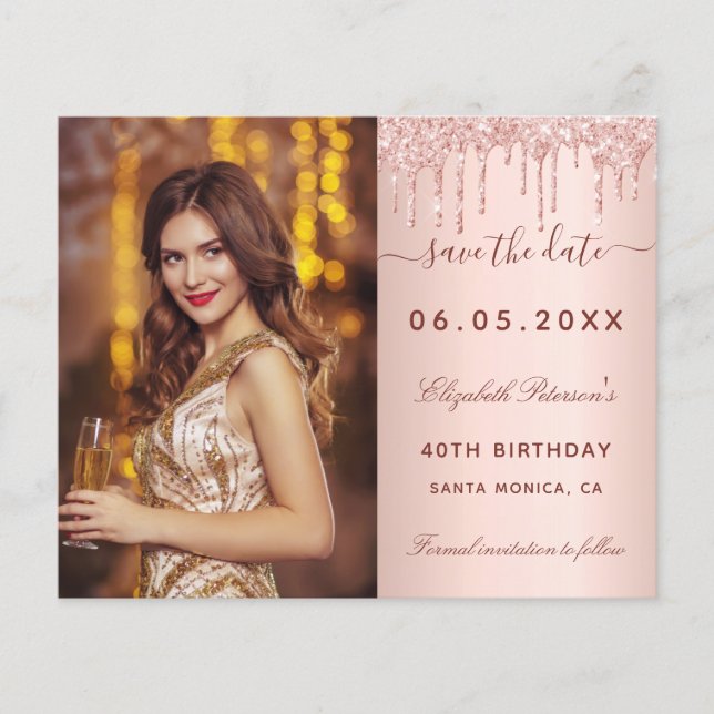 Birthday rose photo QR glam budget Save the Date Flyer (Front)