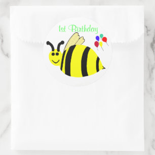 Birthday Round Stickers Bumble Bee & Balloons
