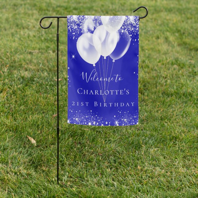 Birthday roya blue silver glitter balloons welcome garden flag (In SItu)