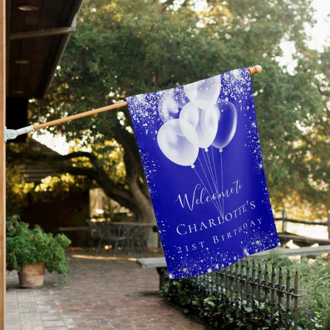 Birthday roya blue silver glitter balloons welcome house flag (In SItu)