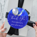 Birthday royal blue drips name thank you  classic round sticker<br><div class="desc">A trendy royal blue background. Decorated with drips,  paint dripping look,  sparkles and balloons.  Personalize and add a name.</div>