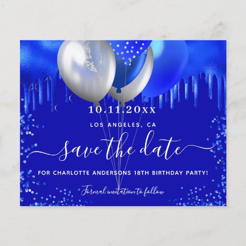 Birthday royal blue glitter budget save the date flyer