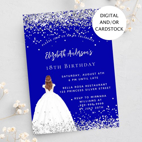 Birthday royal blue glitter dress invitation