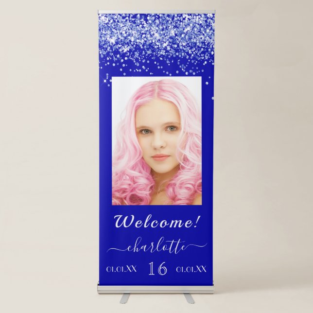 Birthday royal blue glitter dust photo welcome retractable banner (Front)