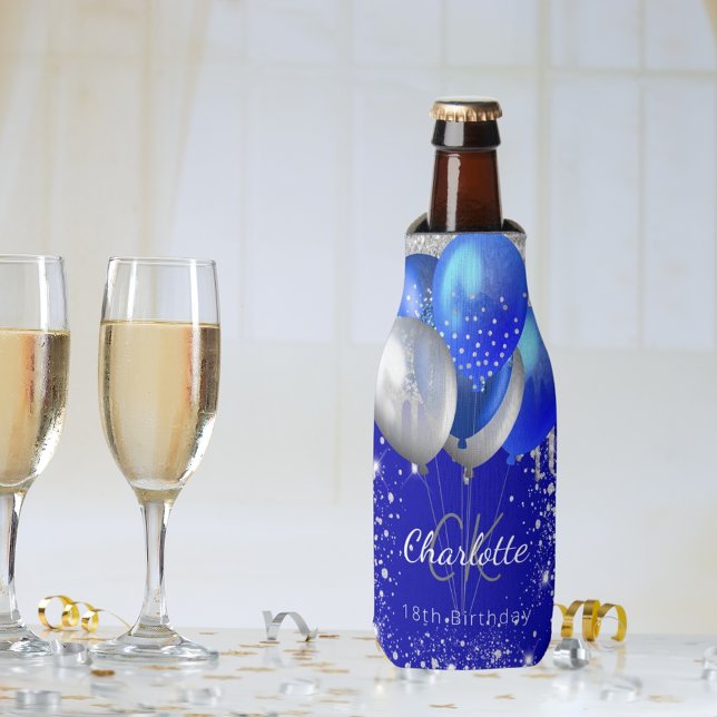 Birthday royal blue gold balloons monogram name bottle cooler (Creator Uploaded)