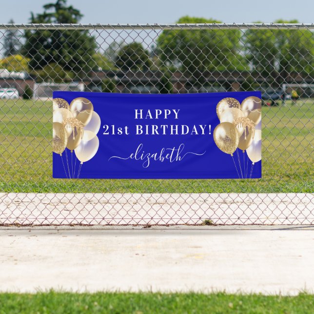 Birthday royal blue gold balloons name script banner (Insitu)
