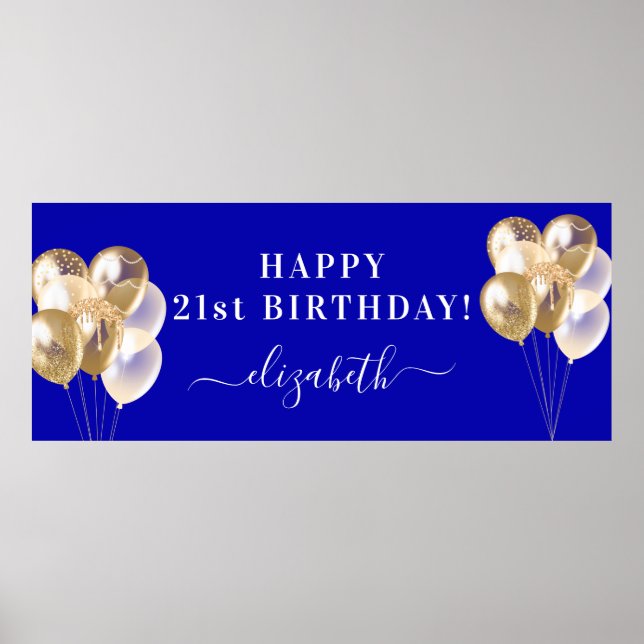 Birthday royal blue gold balloons name script poster (Front)