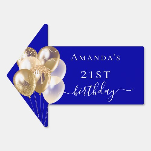 Birthday royal blue gold balloons name sign arrow