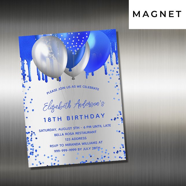 Birthday royal blue silver balloons luxury magnetic invitation (Creator Uploaded)