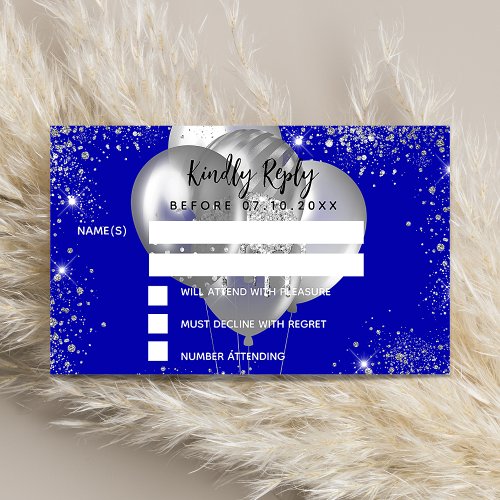 Birthday royal blue silver balloons party RSVP Enclosure Card